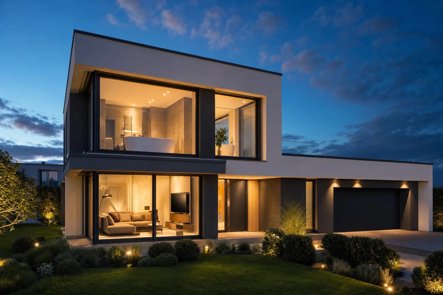 Moderne Villa mit beleuchtetem Wohnraum und Badezimmer – Fliesen & Verputz Funk